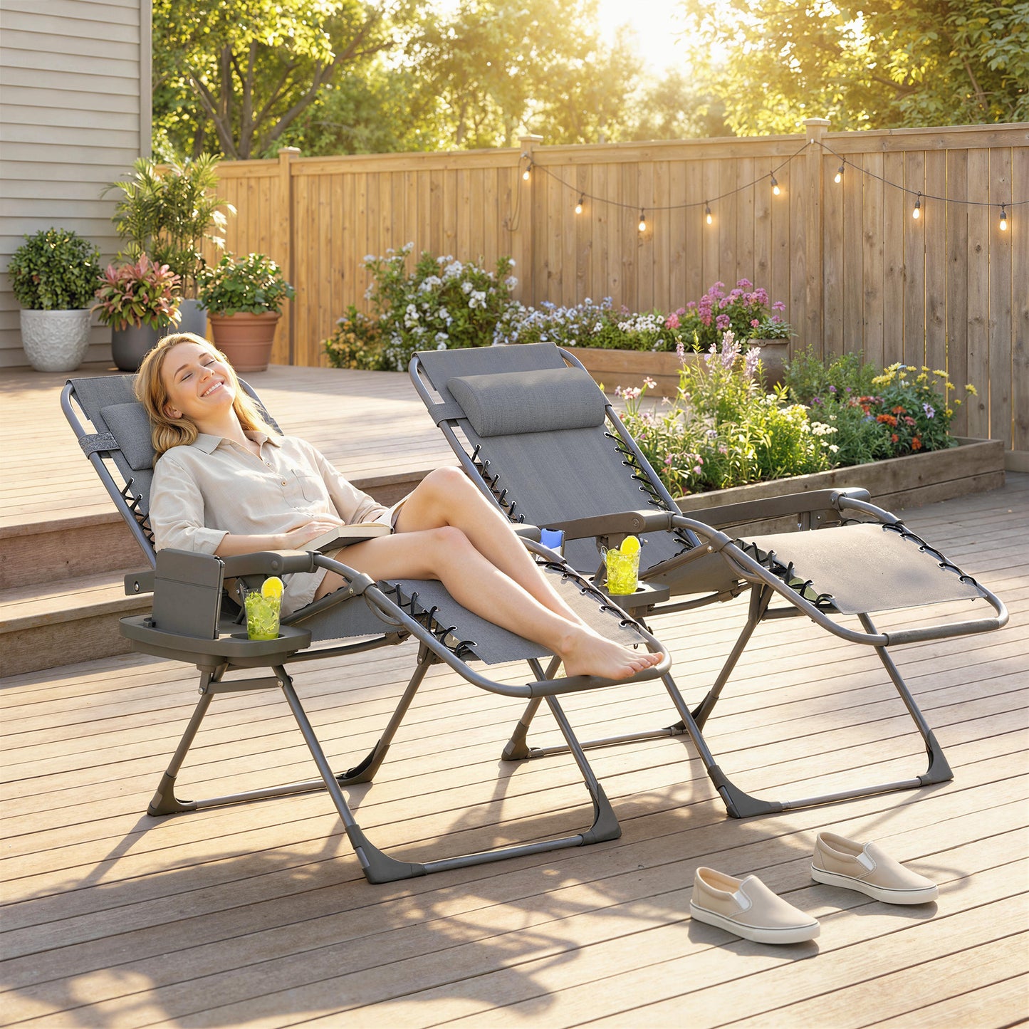 Zero Gravity Chair Set of 2, Folding Reclining Outdoor Lounge Chair with Cup Holder, Headrest, Brown - Dark Grey