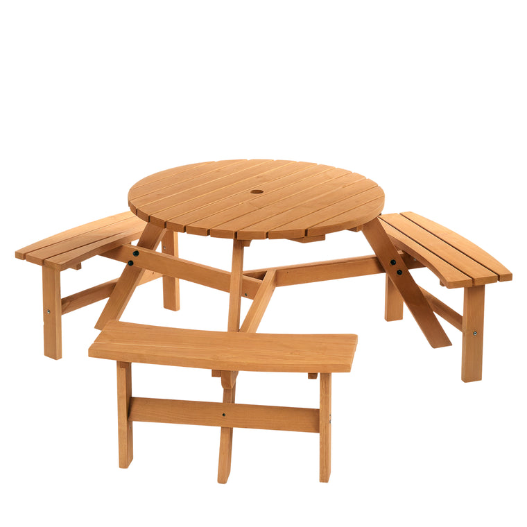 6-Person Wood Picnic Table with 3 Built-In Benches