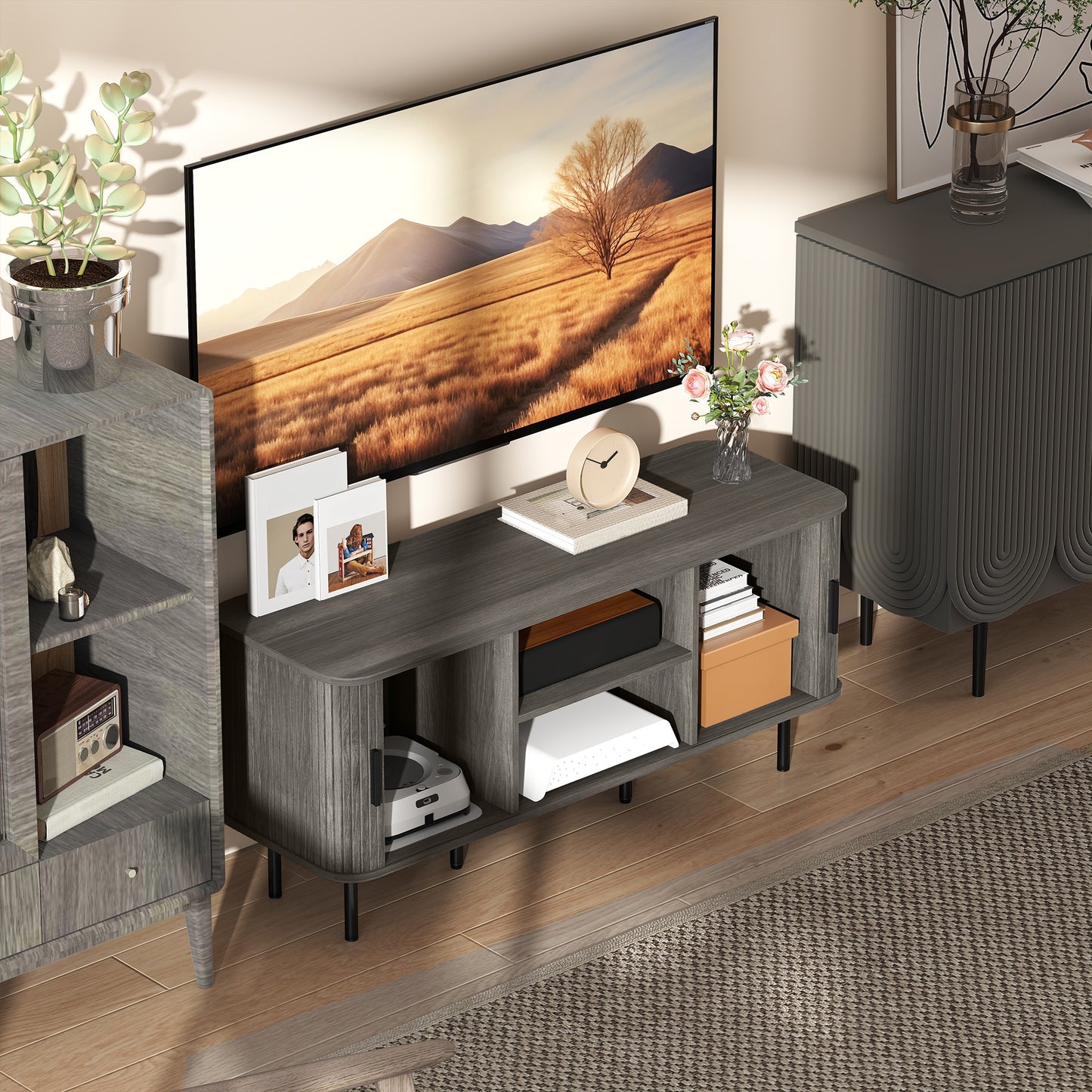 TV Stand Cabinet for TVs up to 55 Inches, TV Unit with Storage Shelves and Cabinets for Living Room, Grey
