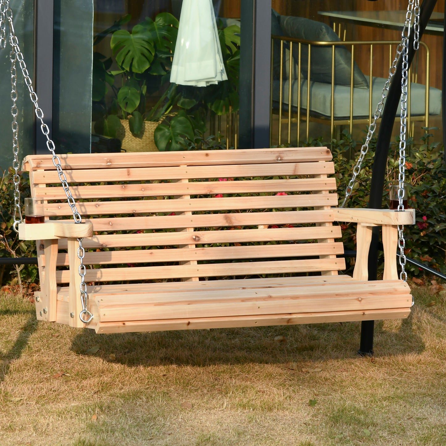 2 Seater Porch Swing Wooden Patio Swing Chair Seat with Cup Holder and Chains Outdoor Swing Bench for Garden Yard, White - Natural