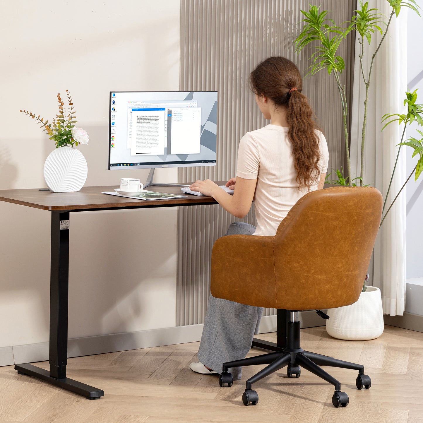Swivel Office Chair, Faux Leather Desk Chair with Adjustable Height for Living Room, Bedroom, Study, Brown