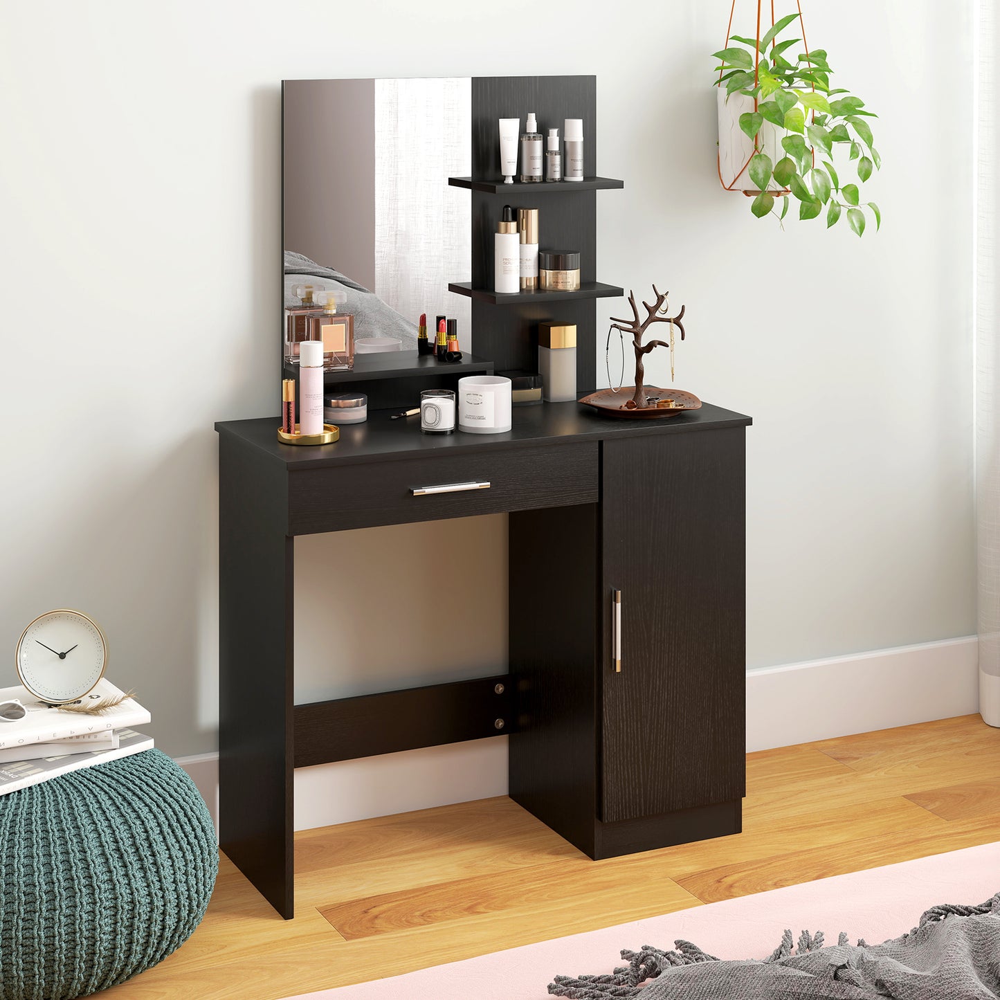 Vanity Desk with Mirror, Makeup Vanity w/ Drawer, Open Compartment and Shelves, Cabinet, Adjustable Shelves for Bedroom