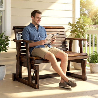 Wooden Glider Bench with Cupholders and Slatted Seat