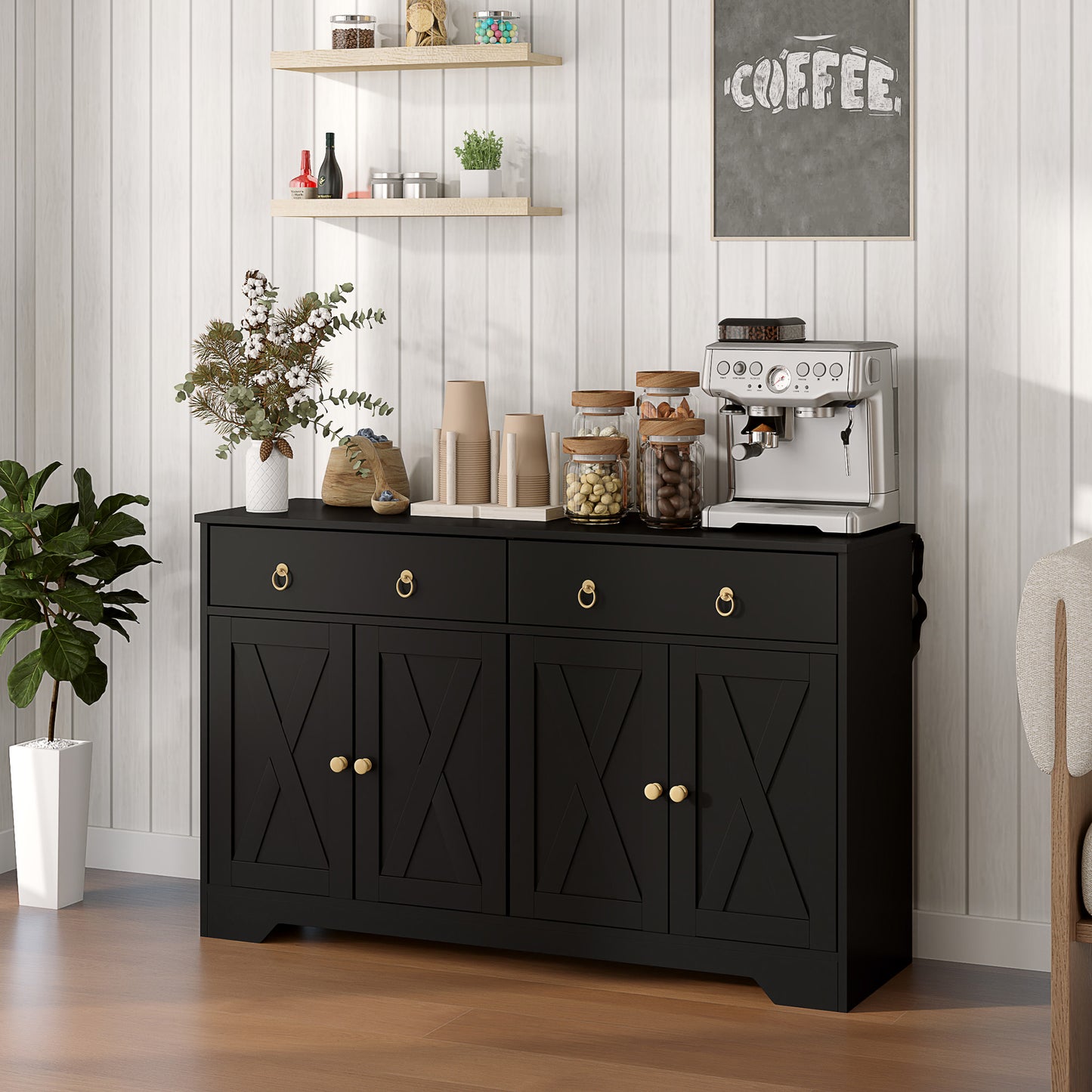 Sideboard Cabinet with 2 Drawers, 4 Barn Doors and 2 Adjustable Shelves, Buffet Table for Living Room, Black