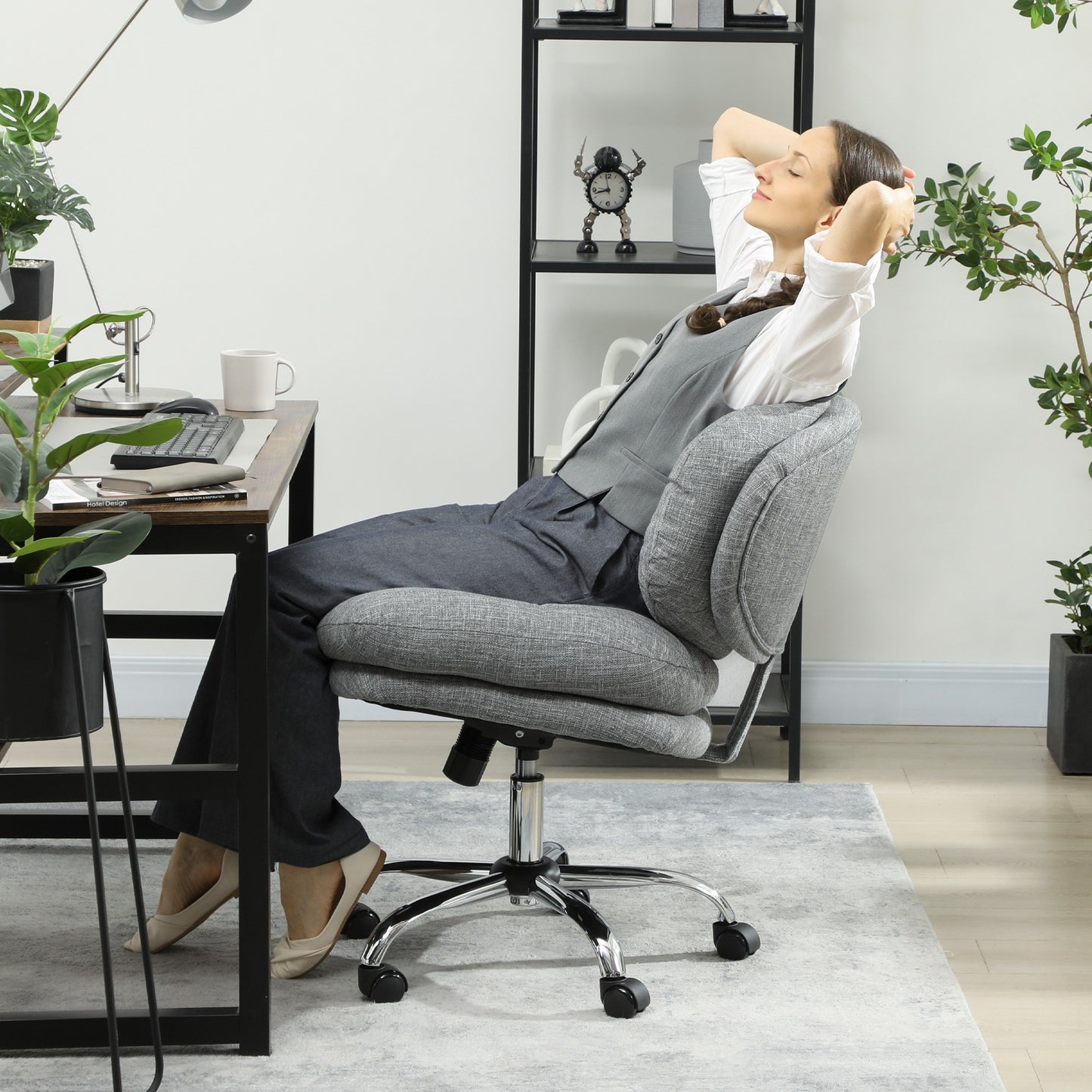 Computer Desk Chair, Armless Office Chair with Wide Padded Seat and Adjustable Height, Tilt Function, Grey