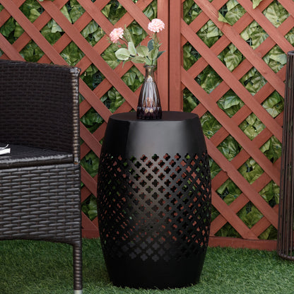 12" Steel Patio End Table, Round Hollow Drum Side Table, Accent Table for Indoor and Outdoor, Black - Black
