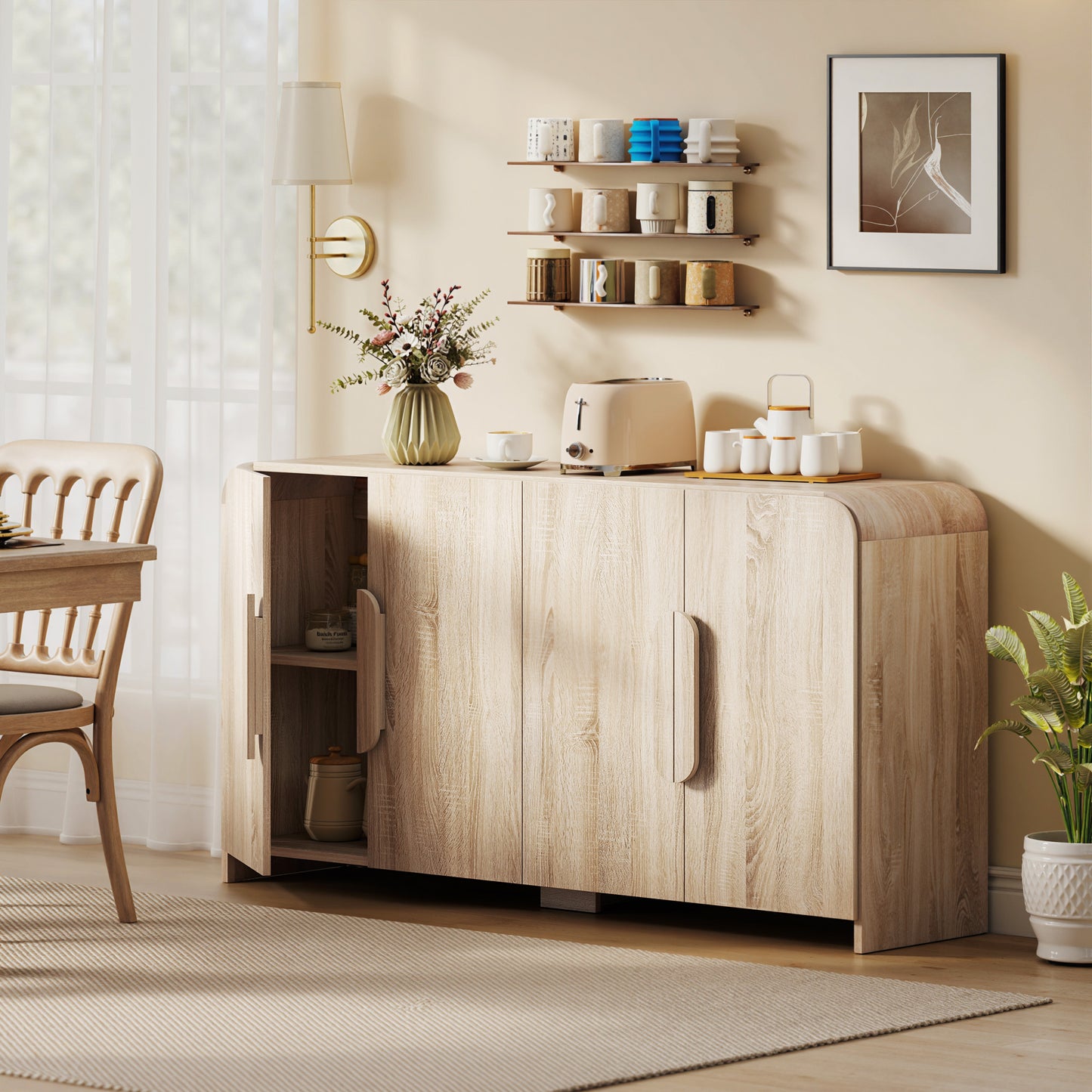Sideboard Buffet Cabinet, 62" Modern Kitchen Storage Cabinet with Soft-Close Doors and Adjustable Shelves, Natural Wood