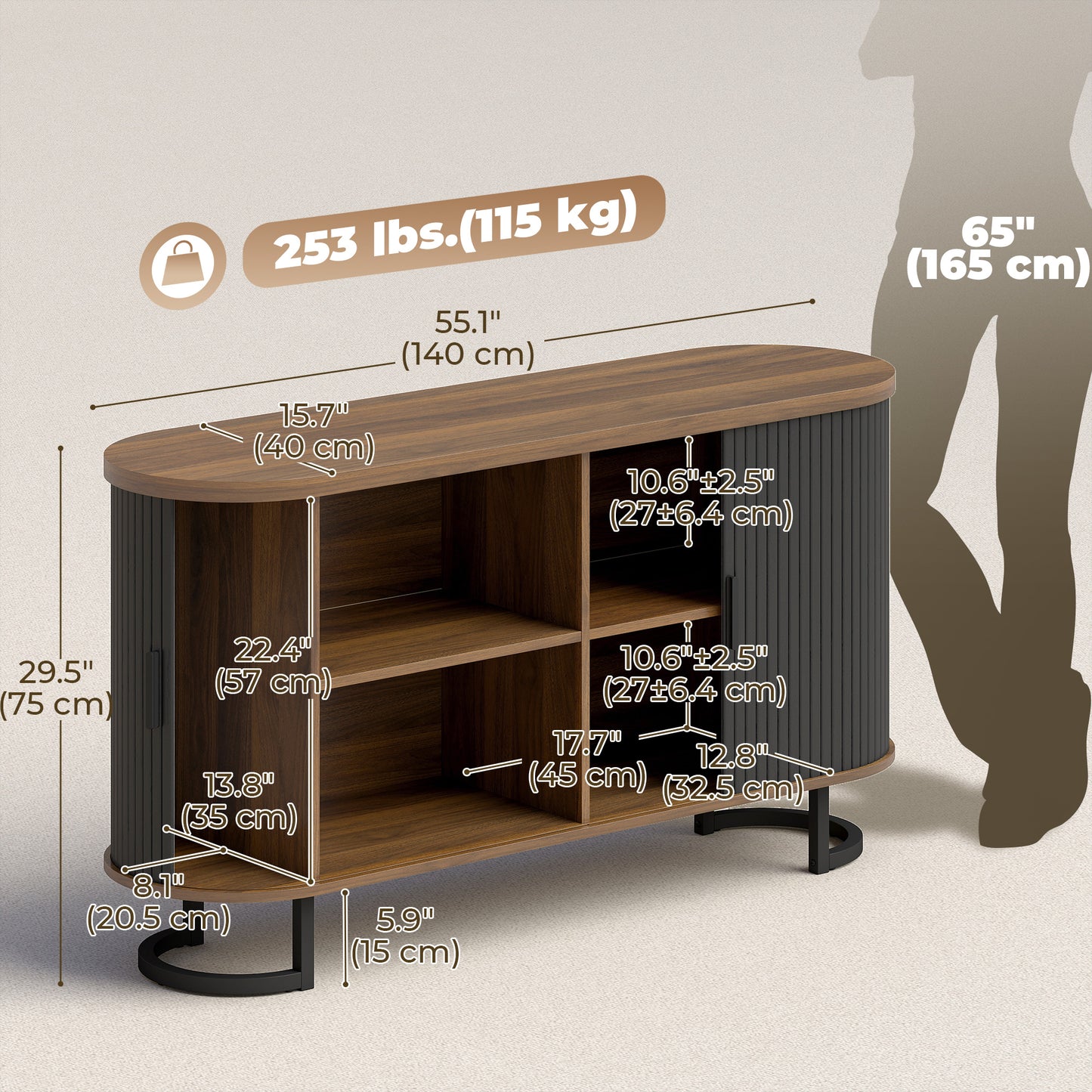 Fluted Sideboard Buffet Cabinet, 55" Modern Coffee Bar Cabinet with Sliding Doors and Adjustable Shelves, Black