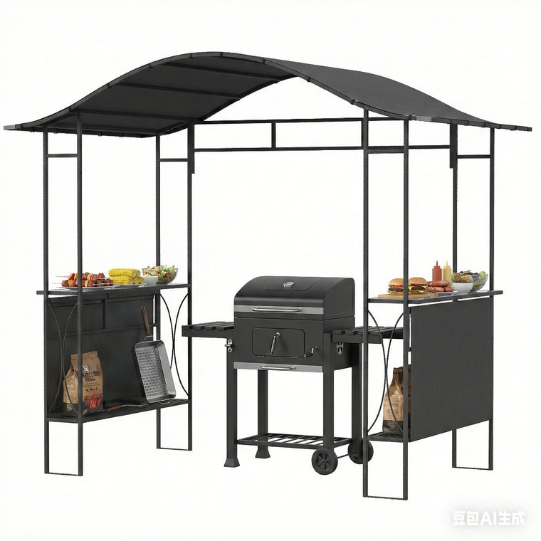 8' x 5' Dark Grey Grill Gazebo with 2 Side Shelves