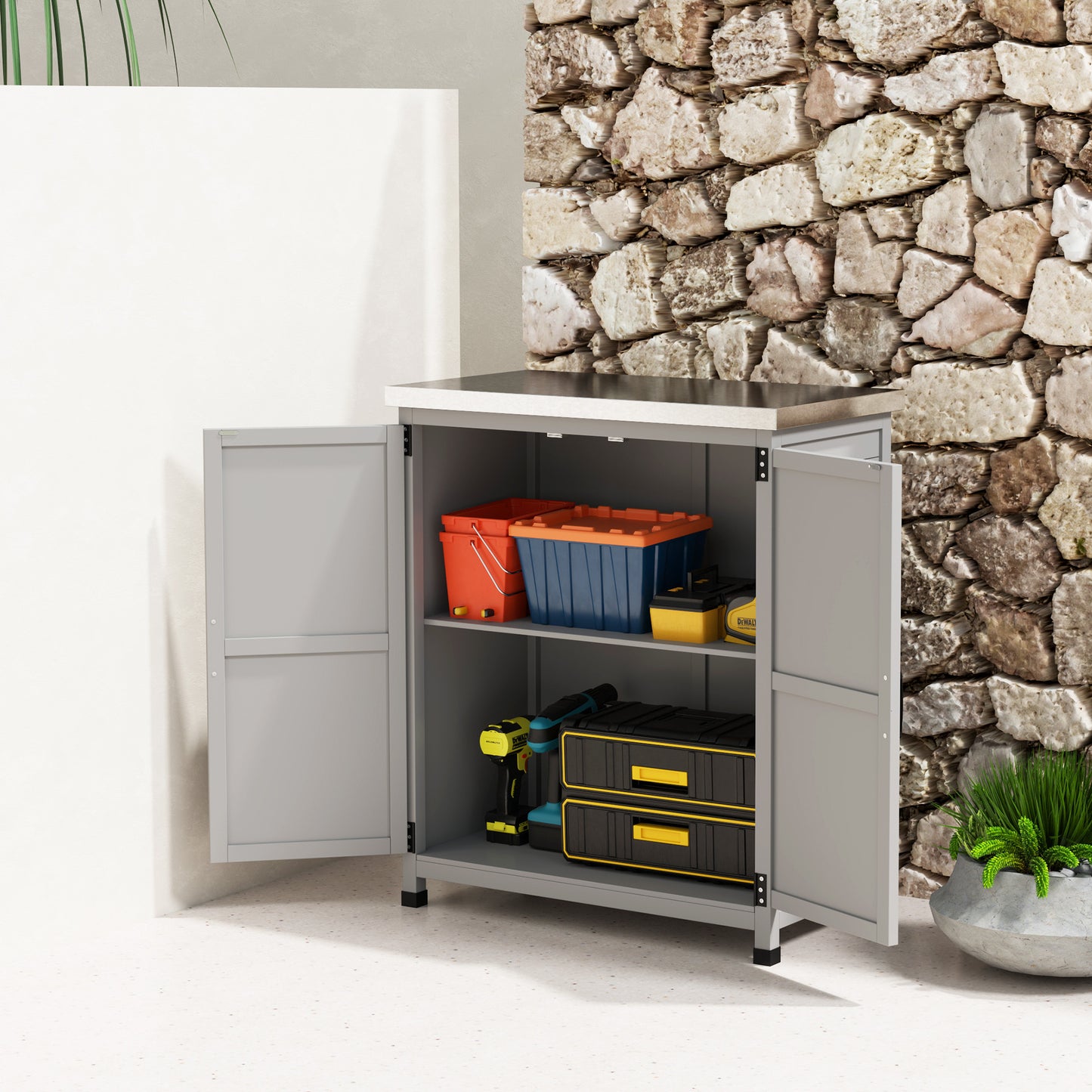 Garden Storage Cabinet, Outdoor Potting Bench Table with Metal Tabletop, Shelf and Double Doors, Grey