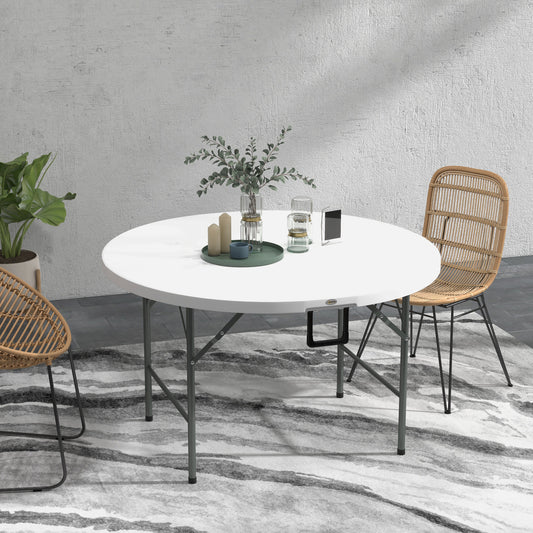 Φ48" Folding Patio Table, Outdoor HDPE Picnic Table, Card Table for 6, Round Folding Banquet with Metal Frame, White
