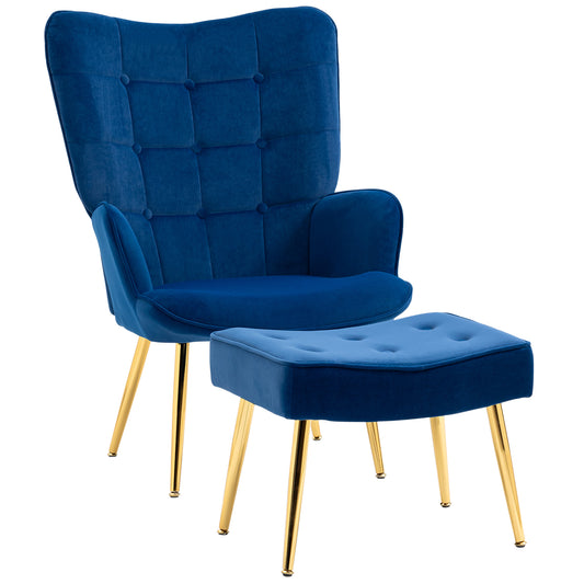 Accent Chair with Ottoman and Gold Legs - Dark Blue