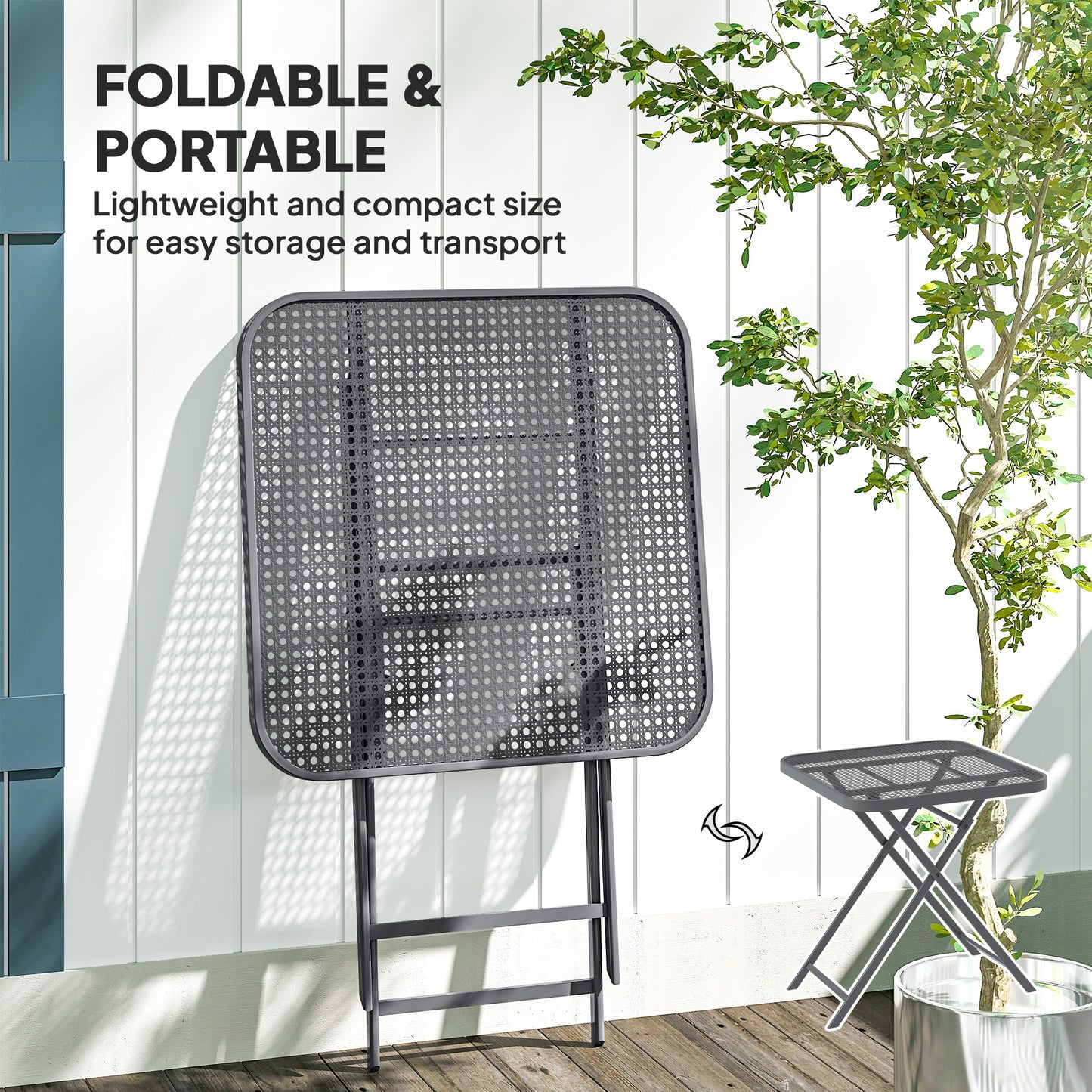 27.5" Square Outdoor Patio Table, Outdoor Folding Table with Grid Rattan-Like Top for Camping, Picnic, Black