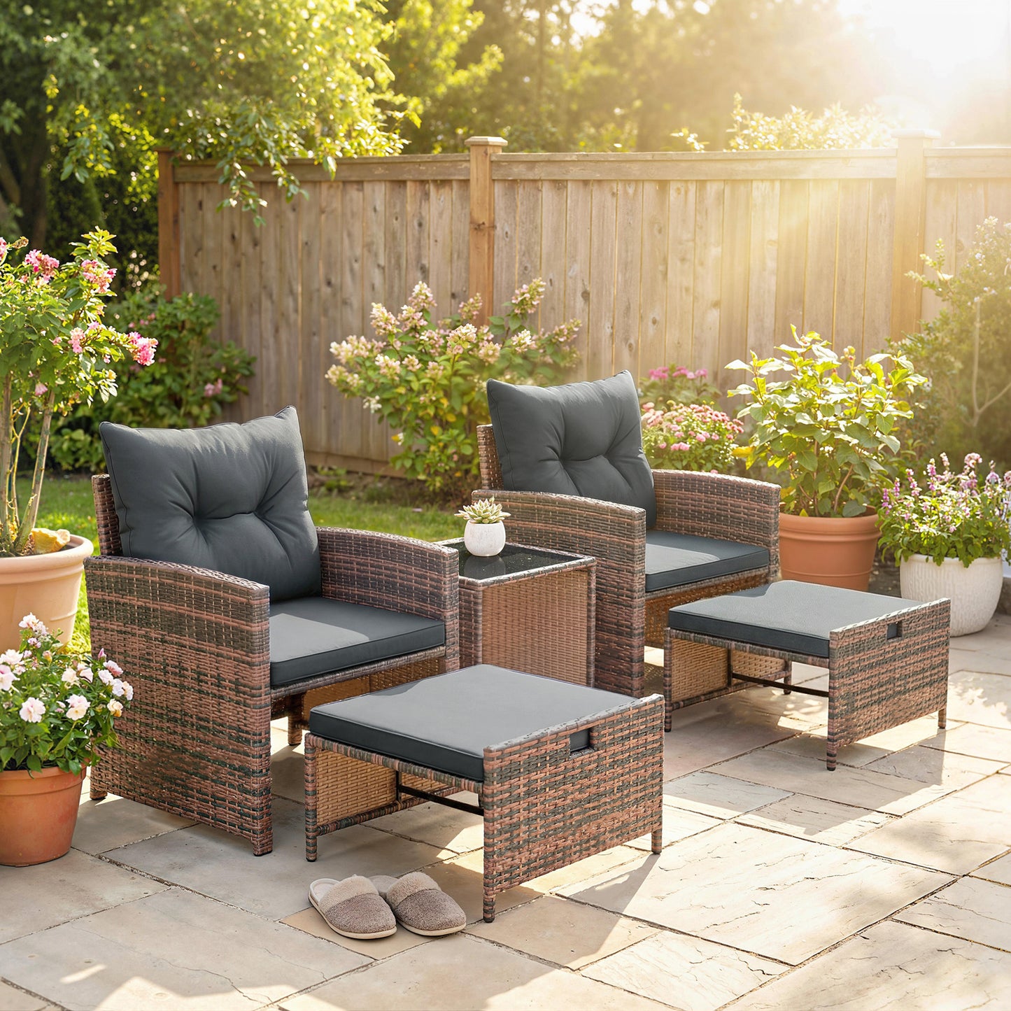 5 Piece Patio Furniture Set, Wicker Patio Chairs with Ottomans, 2-Tier Glass Coffee Table and Cushions, Brown/Dark Grey