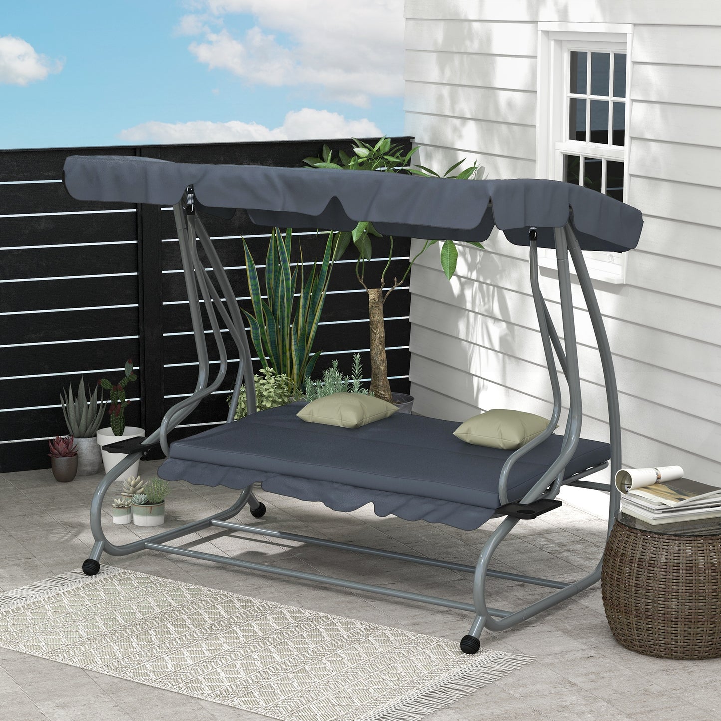 Outdoor 3-Seater Patio Swing Chair, Outdoor Swing Seat, with Adjustable Canopy and Two Pillows for Garden, Light Grey