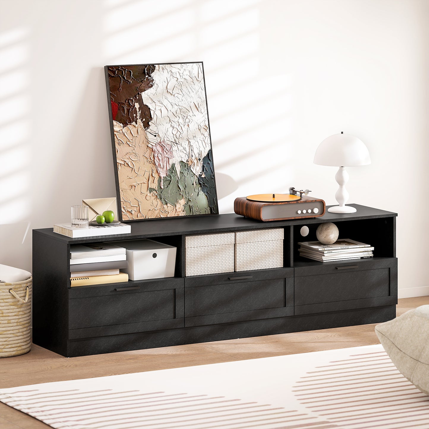 TV Stand with Storage, Modern Entertainment Center with 3 Cabinets and 3 Open Shelves, for TVs up to 85", Black