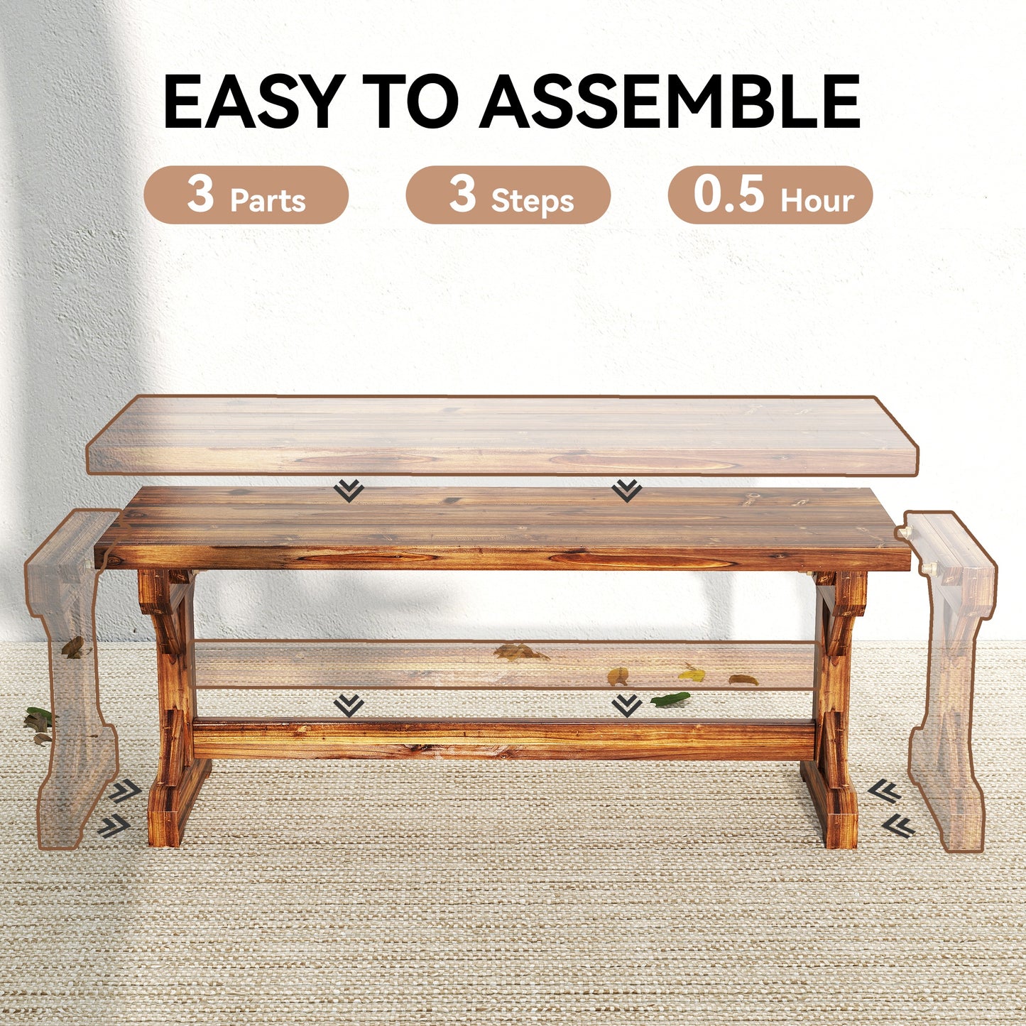 Rustic Outdoor Wooden Bench, Backless Garden Bench Patio Loveseat with X-Shape Base for Porch, Park, Carbonized