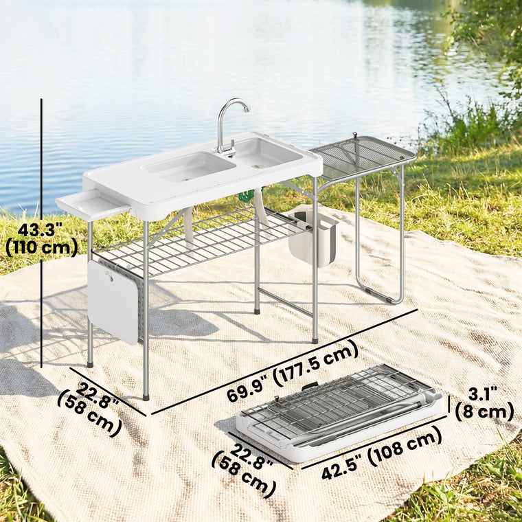 Folding Fish Cleaning Table with Side Shelf and Bottom Rack