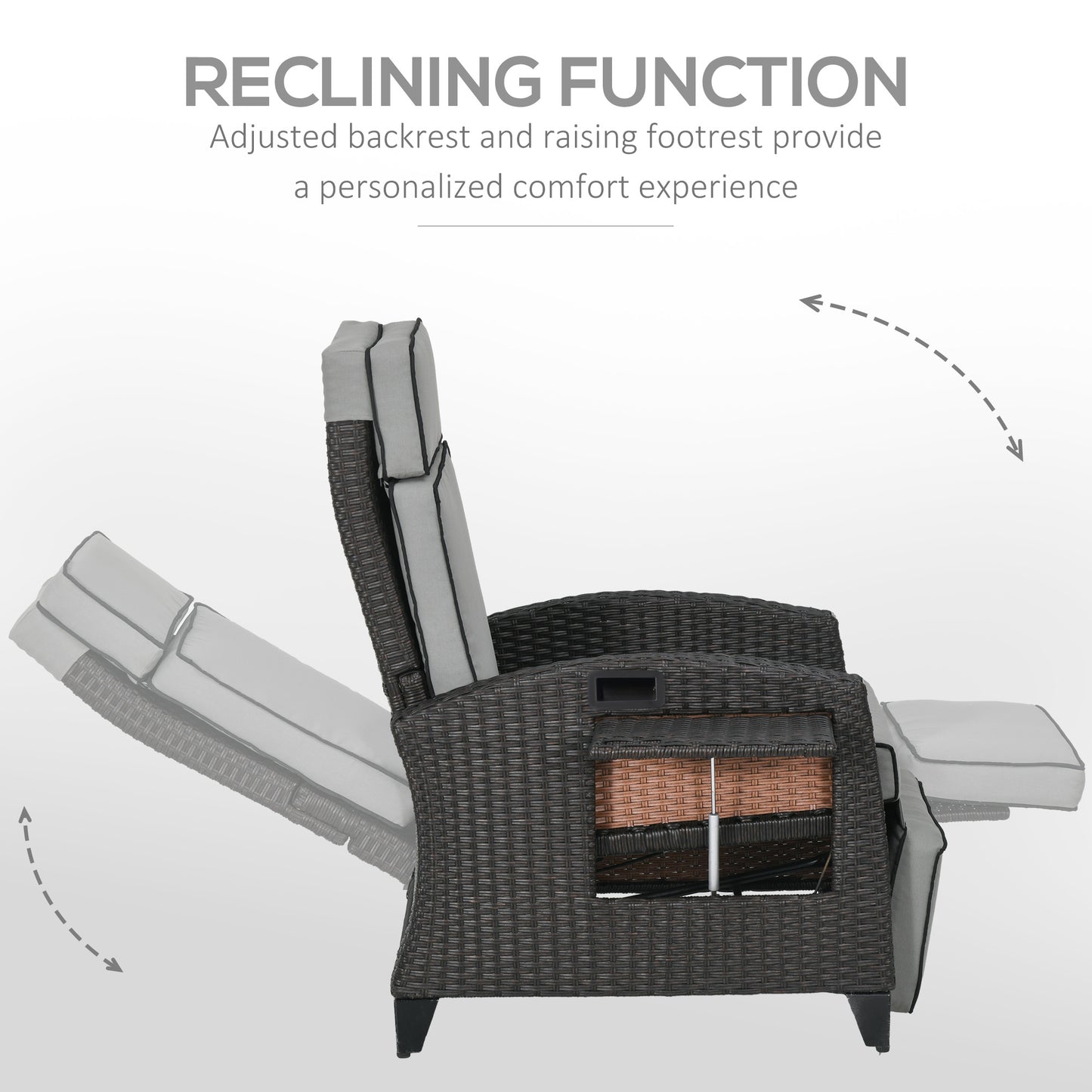 Outdoor Recliner Chair with Adjustable Backrest, Cushion, Side Tray, Black
