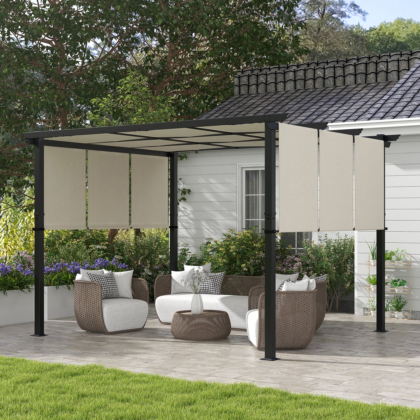 Metal Pergola, Outdoor Pergola with Retractable Canopy, for Garden, Patio, Backyard, Deck - 10' x 12'