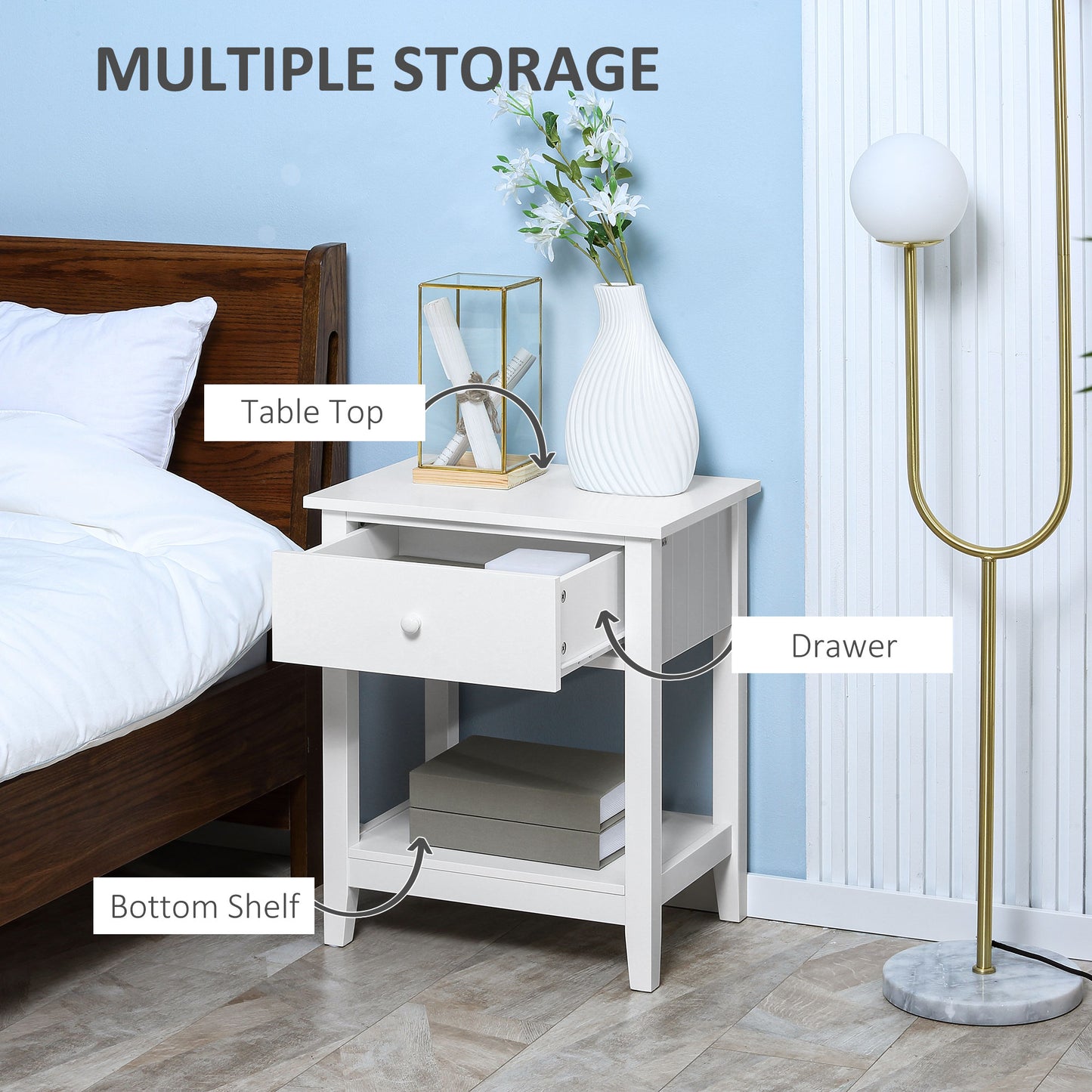 Modern Style Nightstand, Small End Table with Drawer and Storage Shelf for Bedroom, Living Room, White