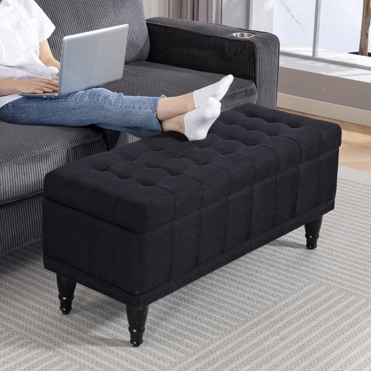Storage Ottoman, Linen Fabric End of Bed Bench with Button Tufted Storage Bench for Bedroom, Black