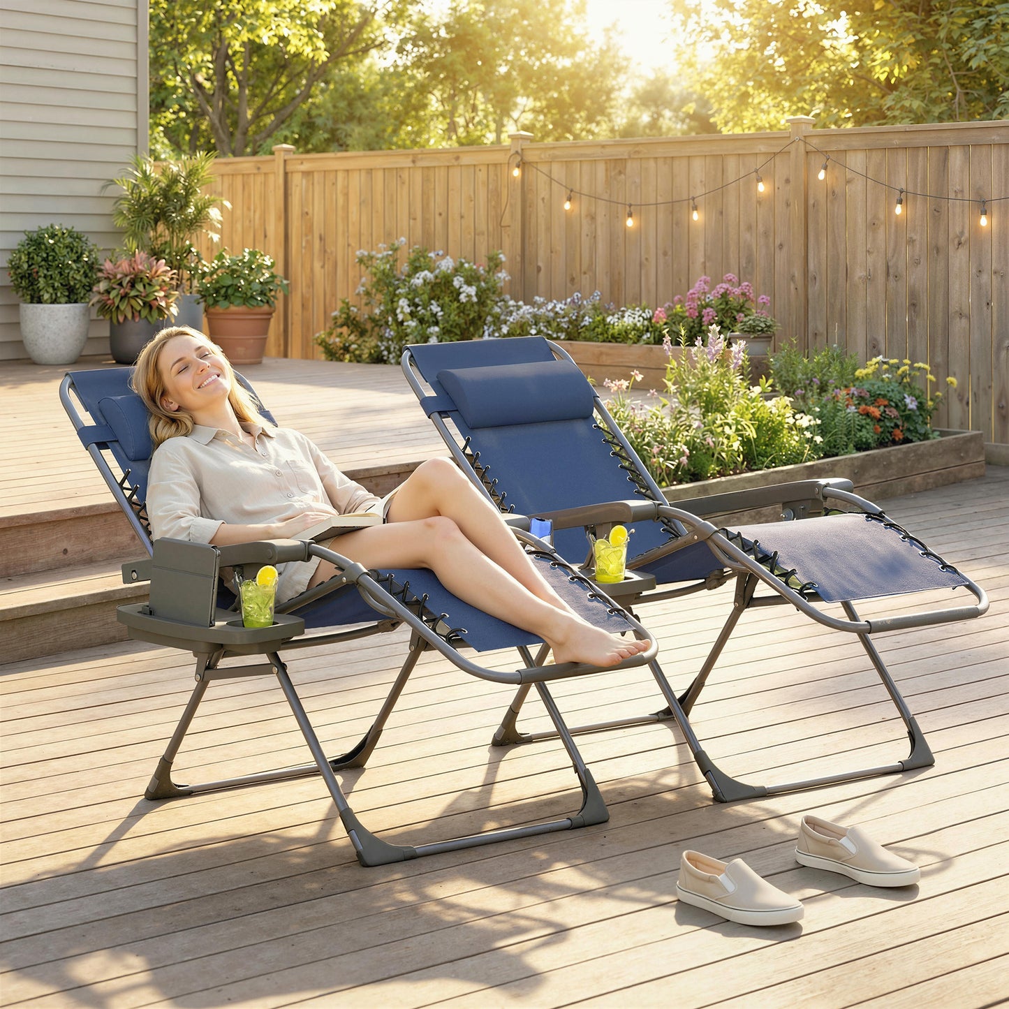 Zero Gravity Chair Set of 2, Folding Reclining Outdoor Lounge Chair with Cup Holder, Headrest, Brown - Dark Blue