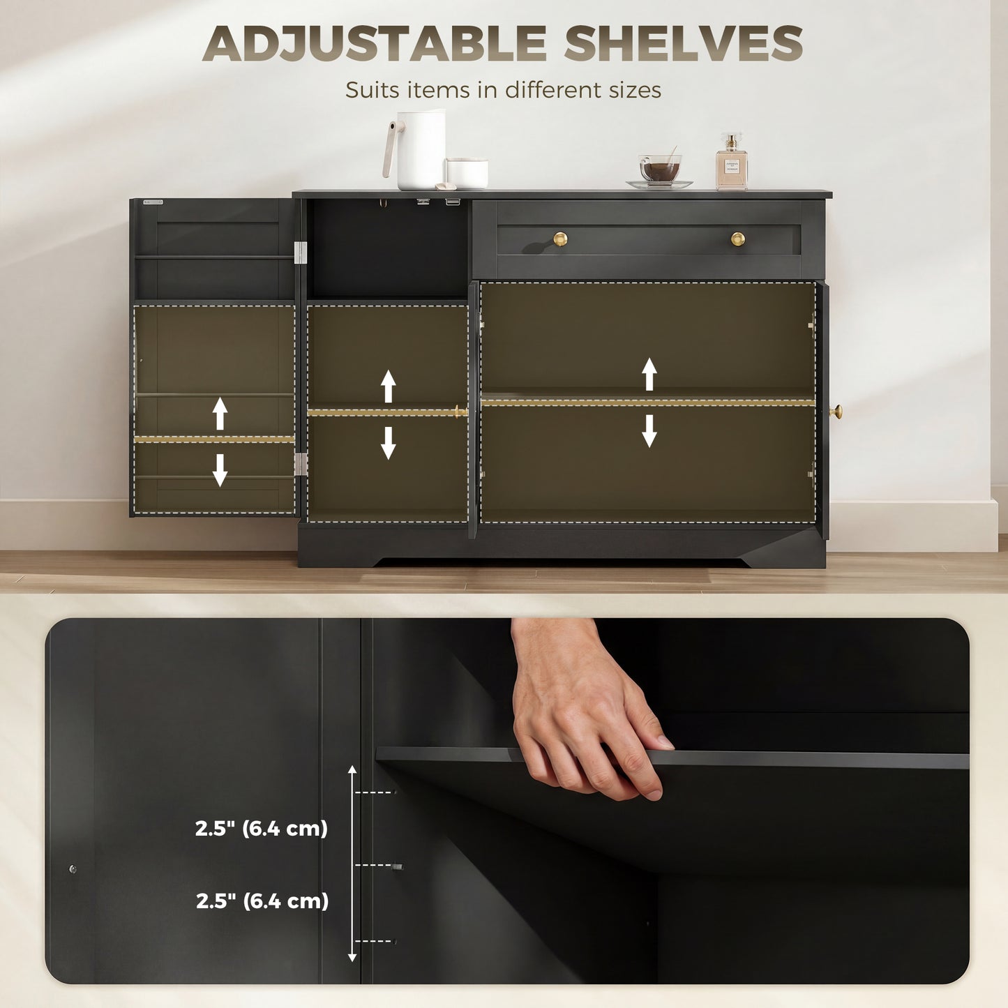 Sideboard Buffet Cabinet, Farmhouse Coffee Bar Cabinet with Door Shelves, Adjustable Shelves, Drawer, Barn Doors, Black