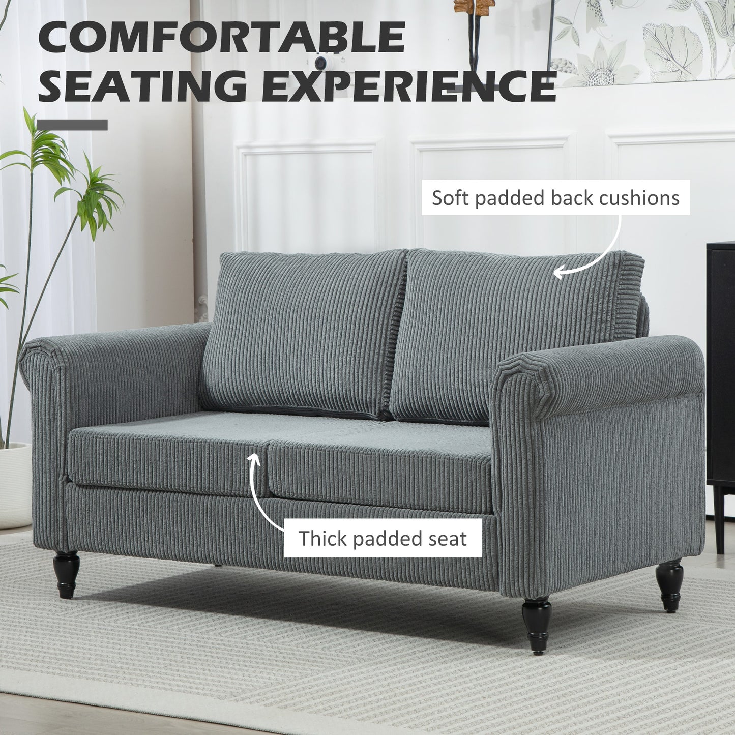 Vintage Loveseat, Upholstered Love Seat Furniture, Fabric 2 Seater Sofa with Rolled Arms, Rubber Wood Legs, Grey
