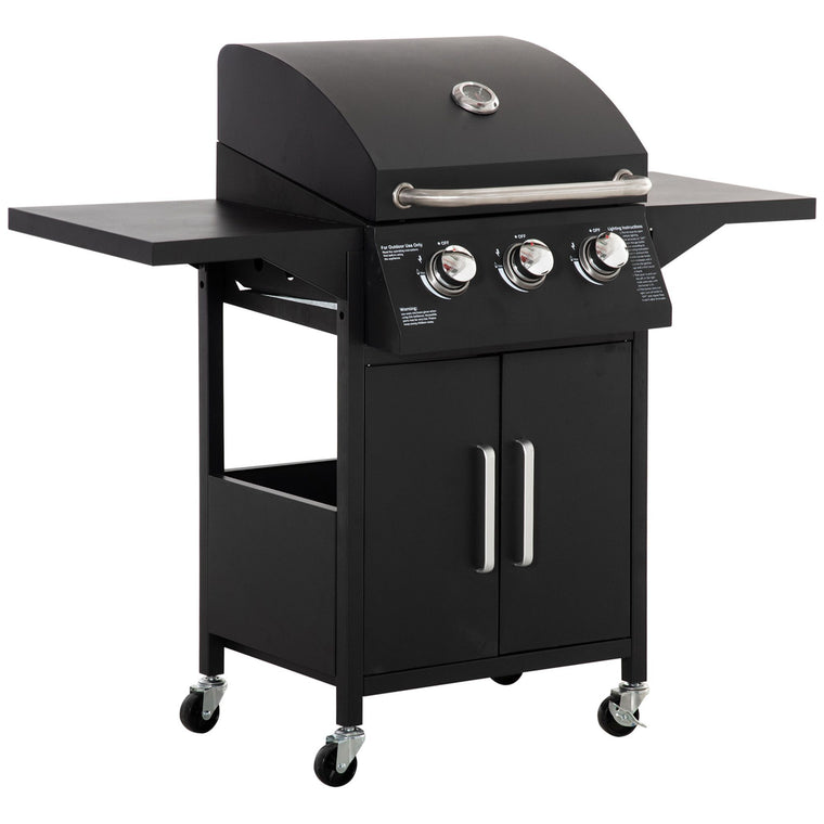 3-Burner Black Gas Grill with Warming Rack & Cabinet
