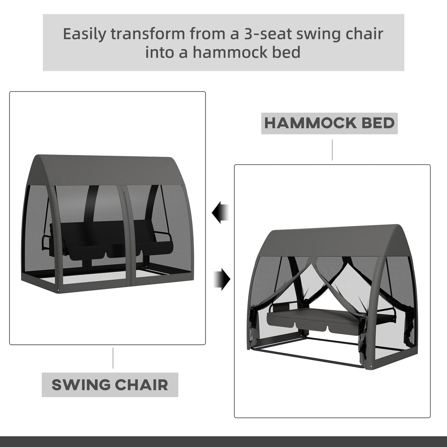 3-Seater Outdoor Swing Chair Chaise Lounger Bed Garden Hammock with Steel Stand, Canopy Netting Walls, Dark Grey