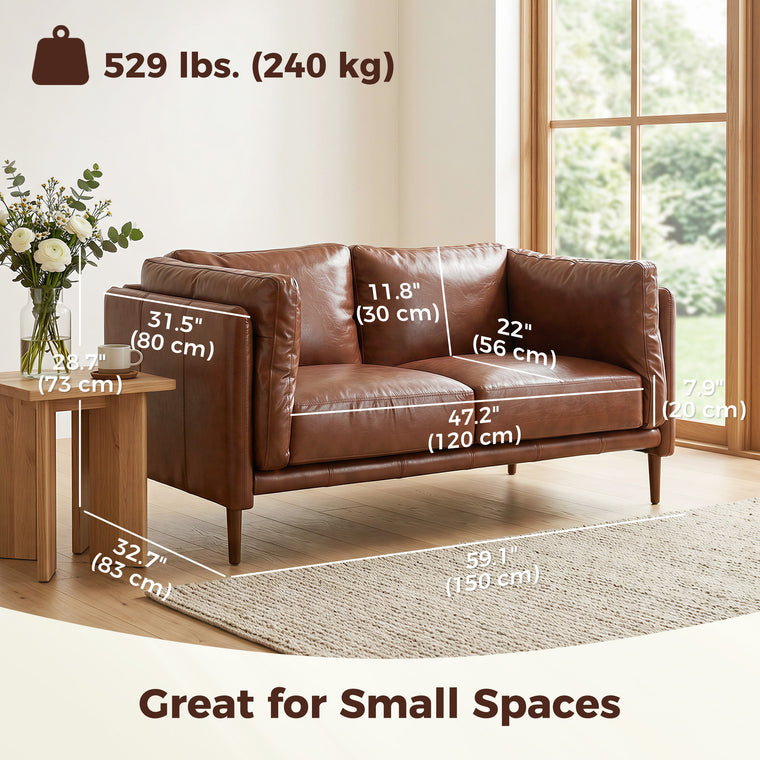 59" PU Leather Loveseat Sofa with Wood Legs - Brown