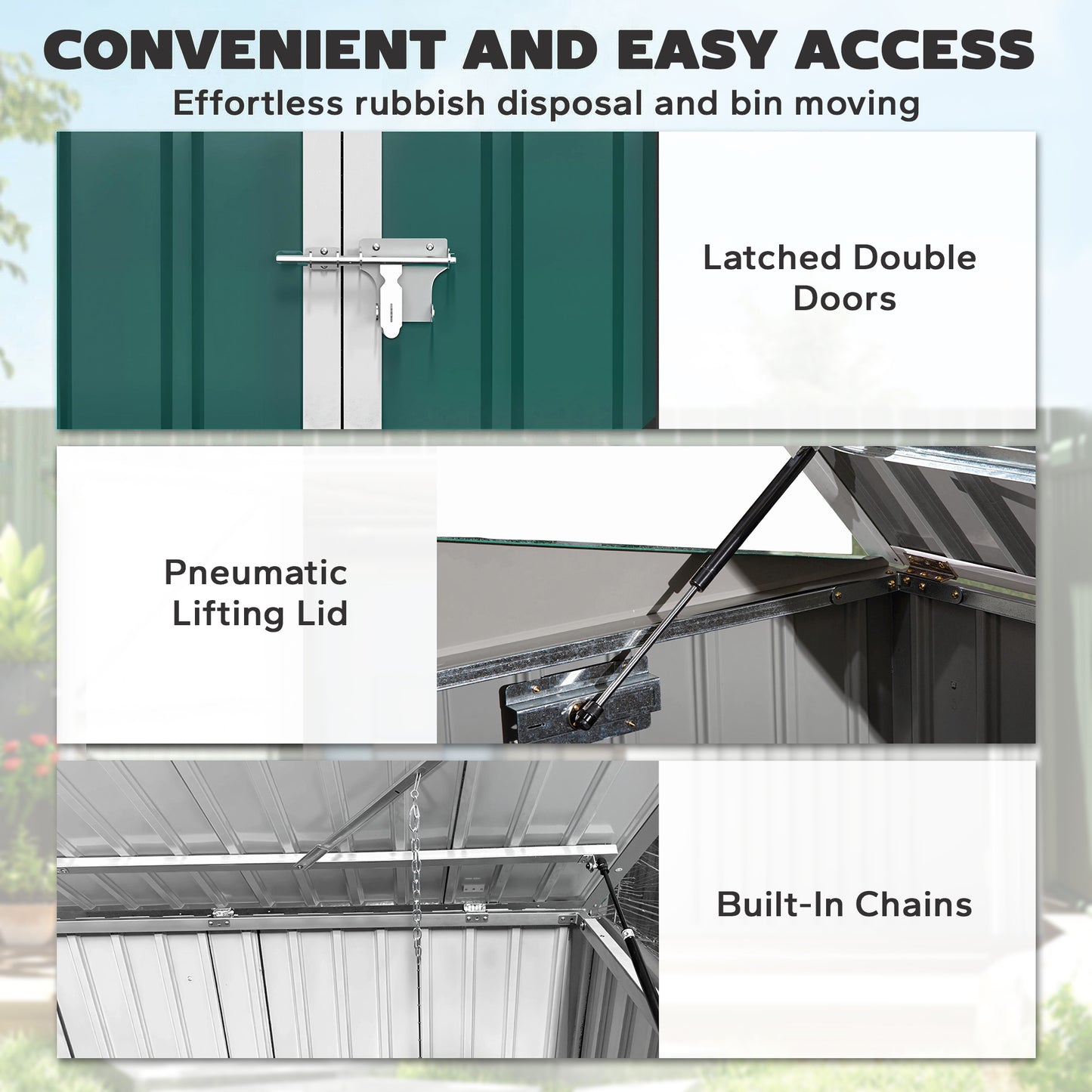 Outdoor Steel Wheelie Trash Can, Storage Shed With Double Door & Lid Rubbish Cover for 2 Trash Cans