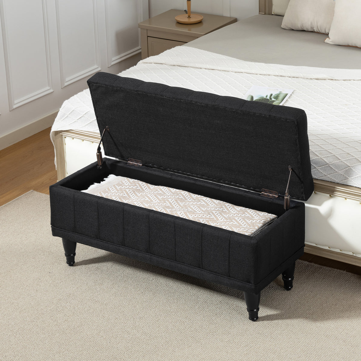 Storage Ottoman, Linen Fabric End of Bed Bench with Button Tufted Storage Bench for Bedroom, Black