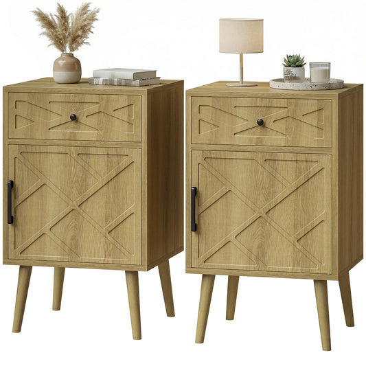 Nightstand Set of 2 with Drawer and Cabinet - Oak