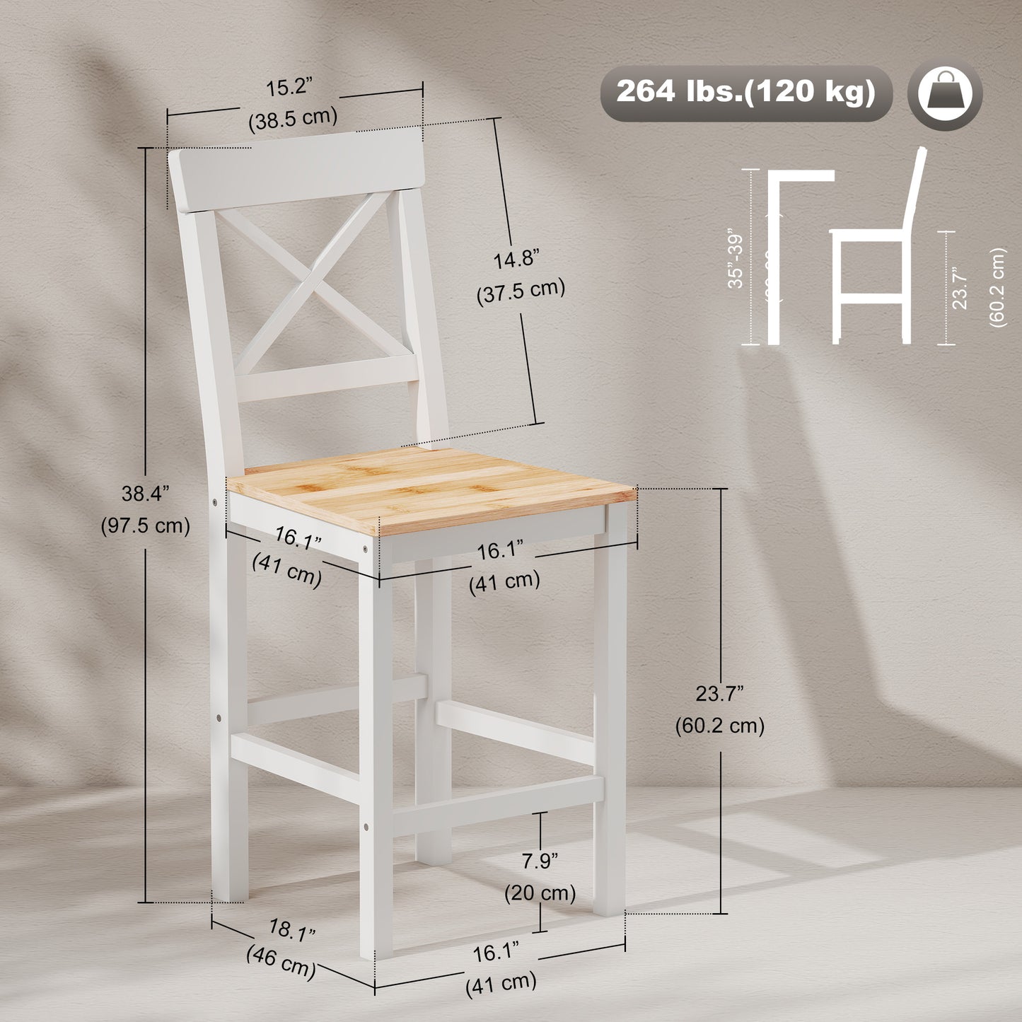 Counter Height Stools Set of 2, Farmhouse Bar Stools with Backs, Solid Wood Counter Stools for Kitchen Island