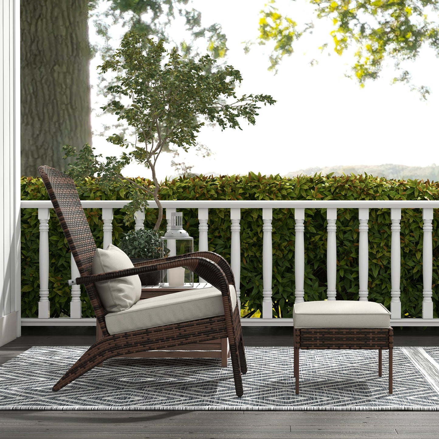 Wicker Adirondack Chair with Ottoman, Patio Cushioned Muskoka Chair with Armrests Brown/Cream White