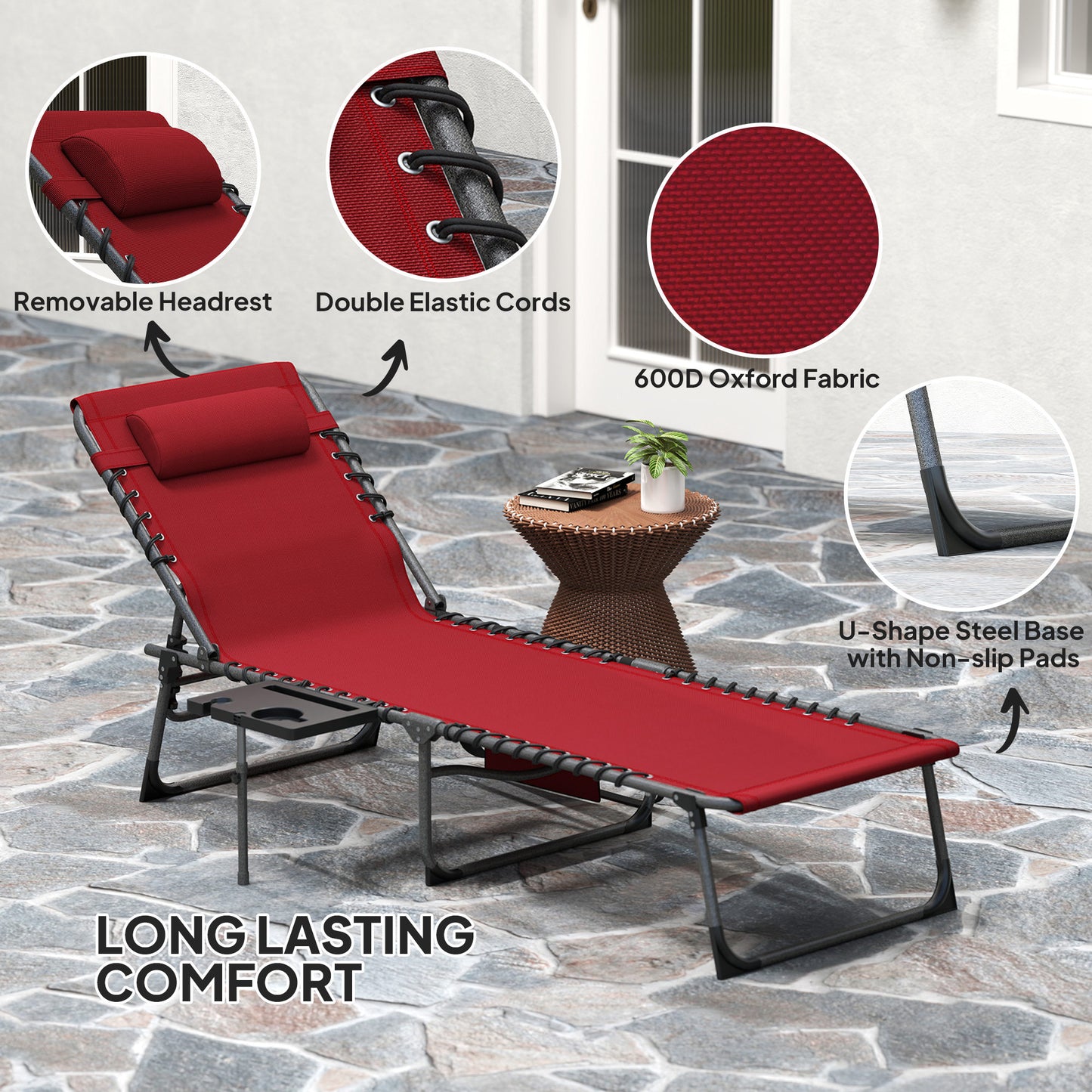 Folding Lounge Chair, Outdoor Chaise Lounge Tanning Chair with Adjustable Back, Side Table, Headrest, Black