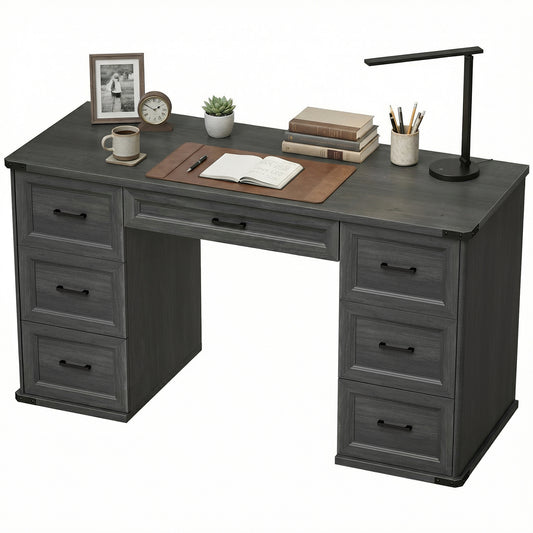 55" Executive Computer Desk with 7 Drawers - Black Wood Grain