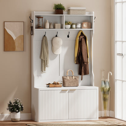 4-in-1 Hall Tree with Shoe Bench and Coat Rack - White