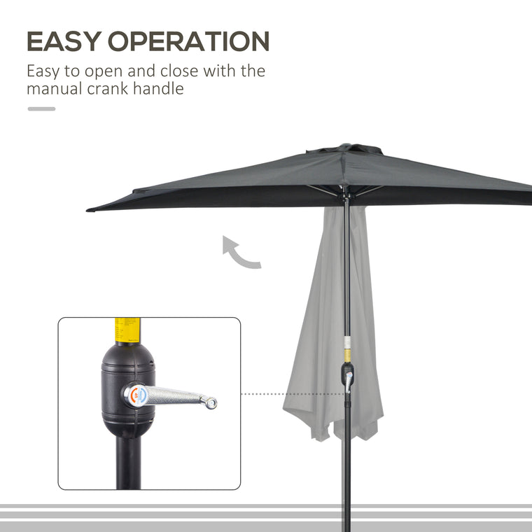 9.8ft Black Half Round Parasol with Crank Handle & Top Vent