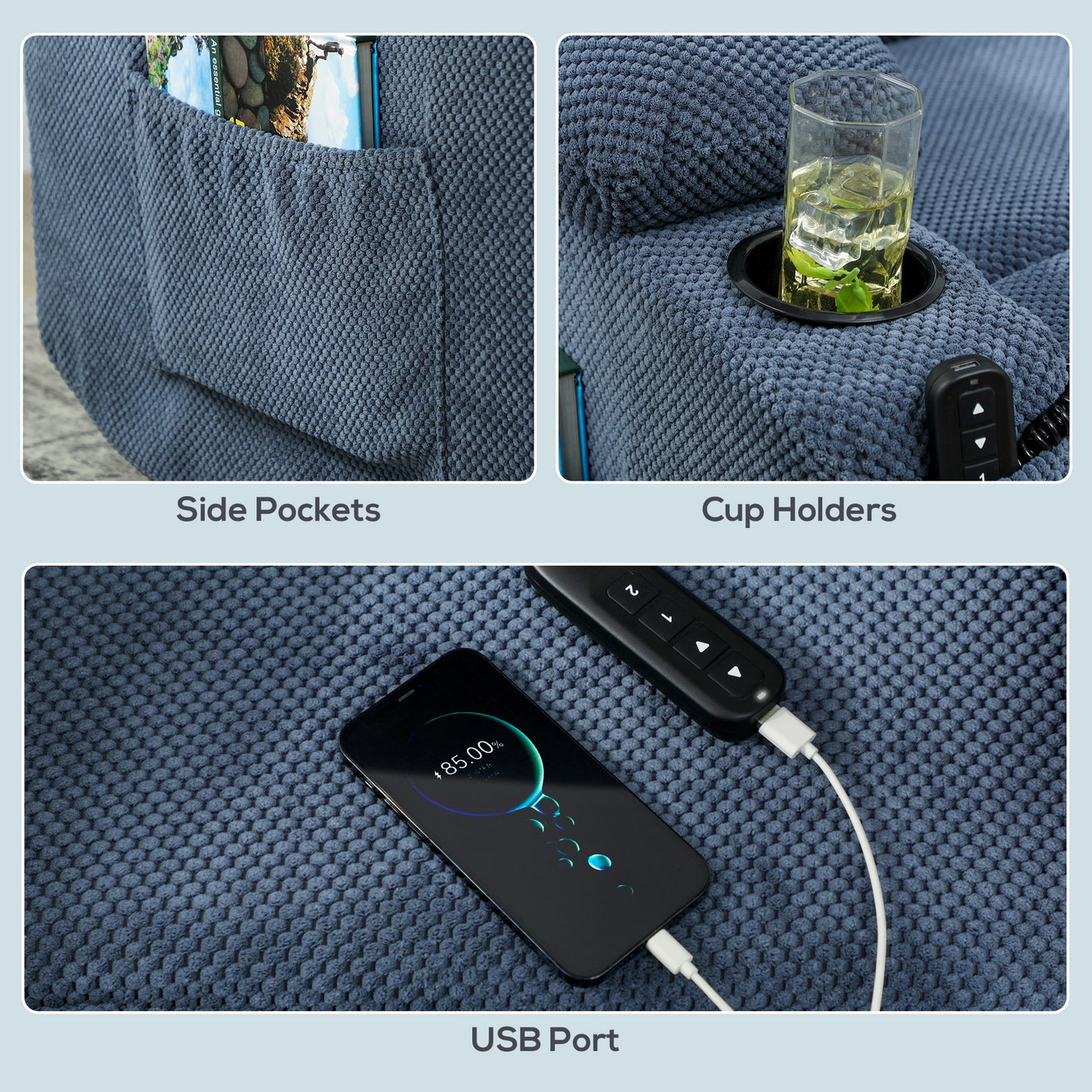 Power Recliner Chair with Massage, Electric Lift Chair for Elderly with Side Pockets, Cup Holders, Remote, Blue