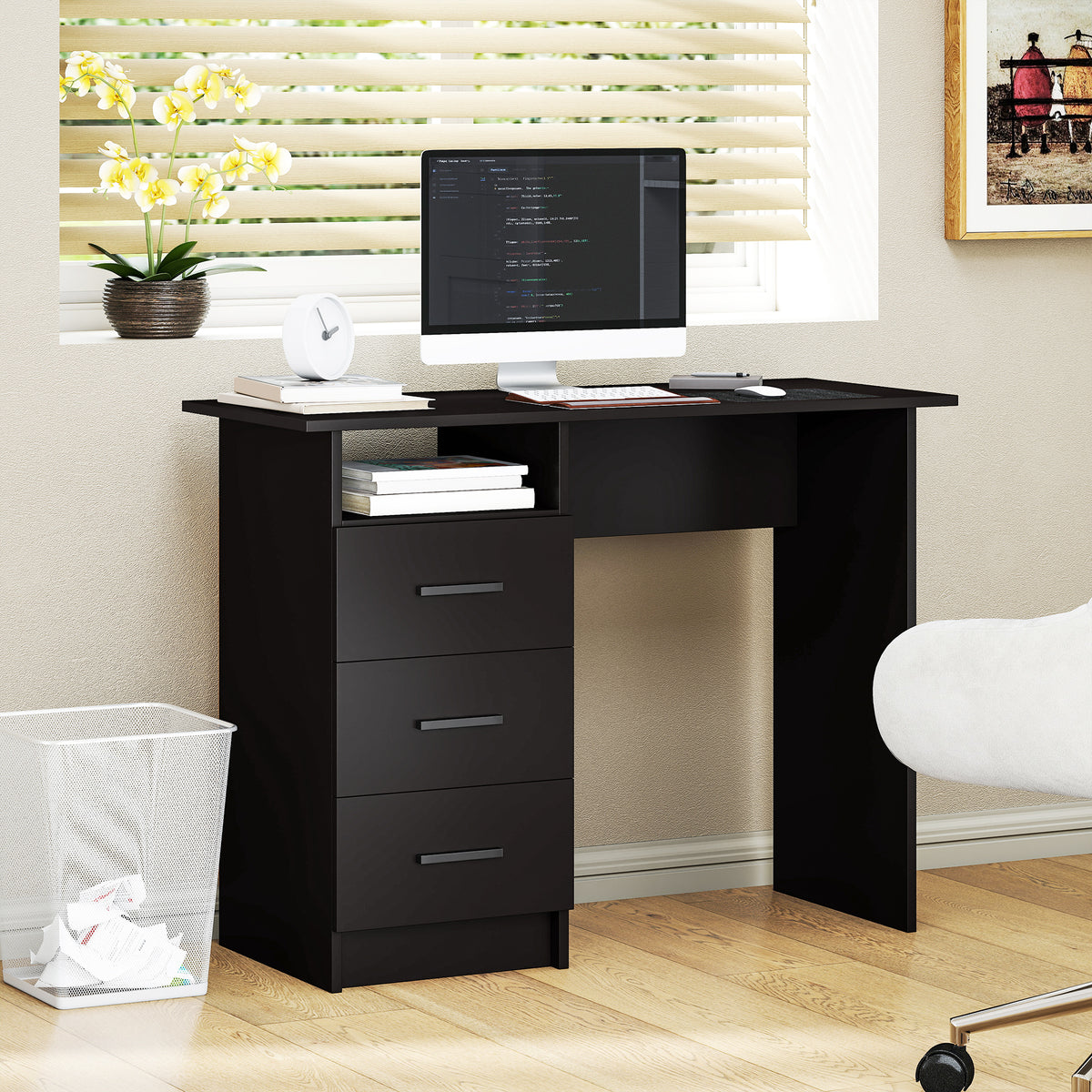 Computer Desk with Storage, 39" Home Office Desk with 3 Drawers and Open Shelf, Writing Table for Bedroom, Black