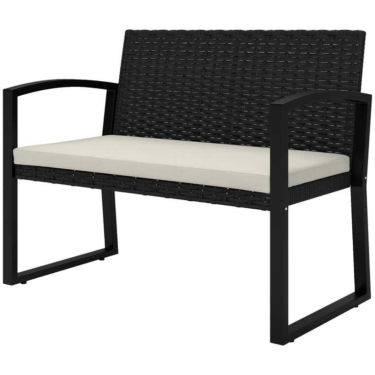 2-Seater Rattan Garden Bench with Cushion & Armrests