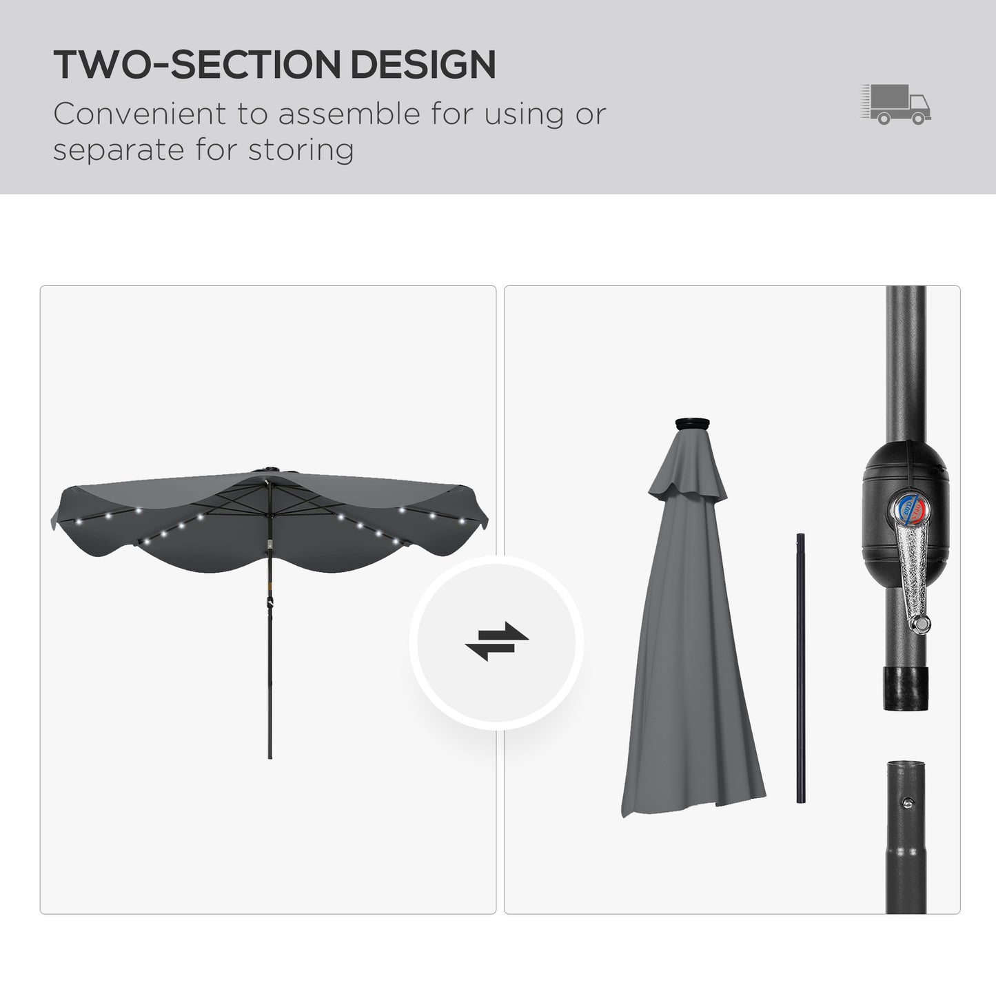 Solar Patio Umbrella with LED and Tilt, Outdoor Market Table Umbrella Parasol with Crank, 10 x 10 ft, Dark Grey