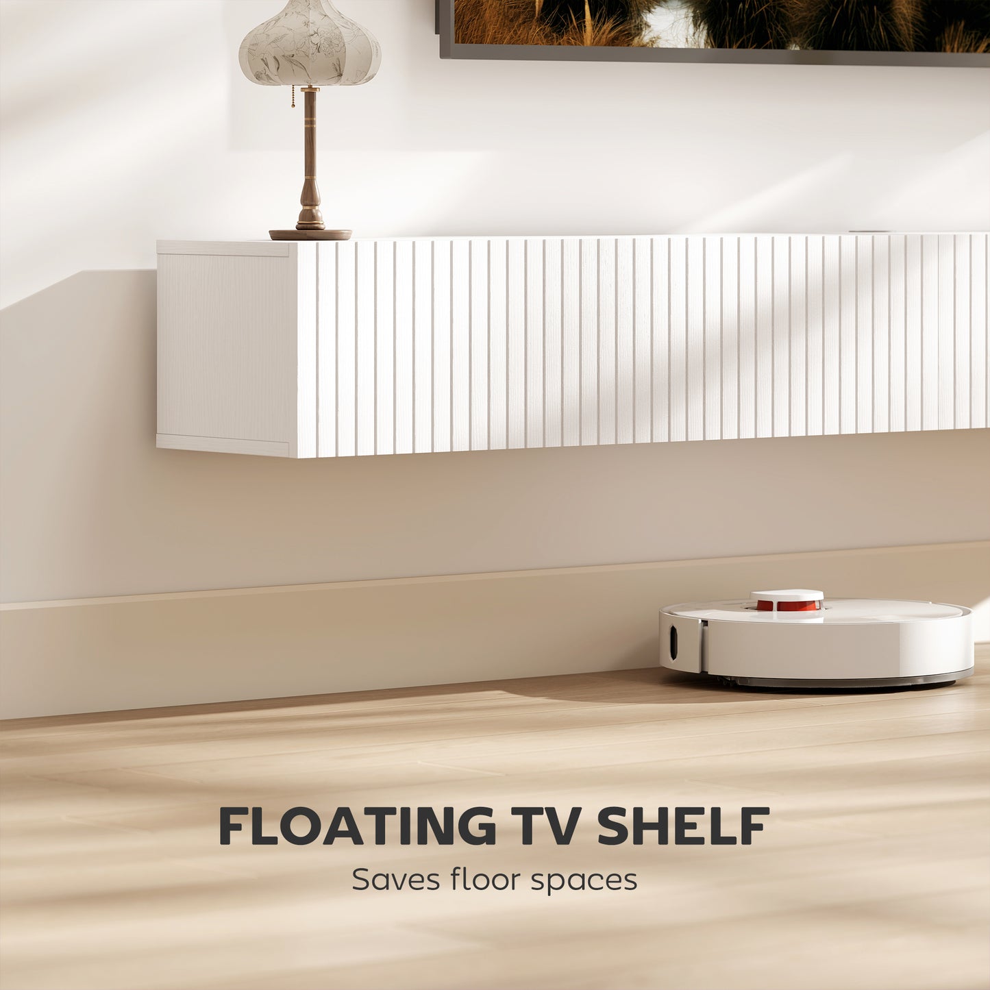 71" Floating TV Stand for TVs up to 72 Inch, Wall Mount Media Console with 2 Fluted Flip-Down Doors, Cable Hole, White