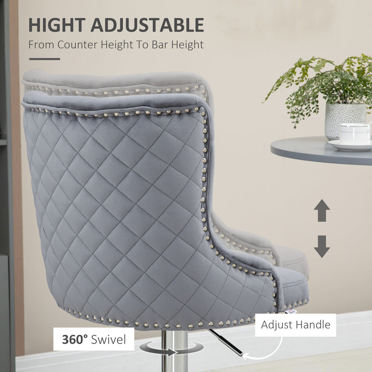 Swivel Velvet Bar Stools Set of 2 with Nailhead Trim - Grey