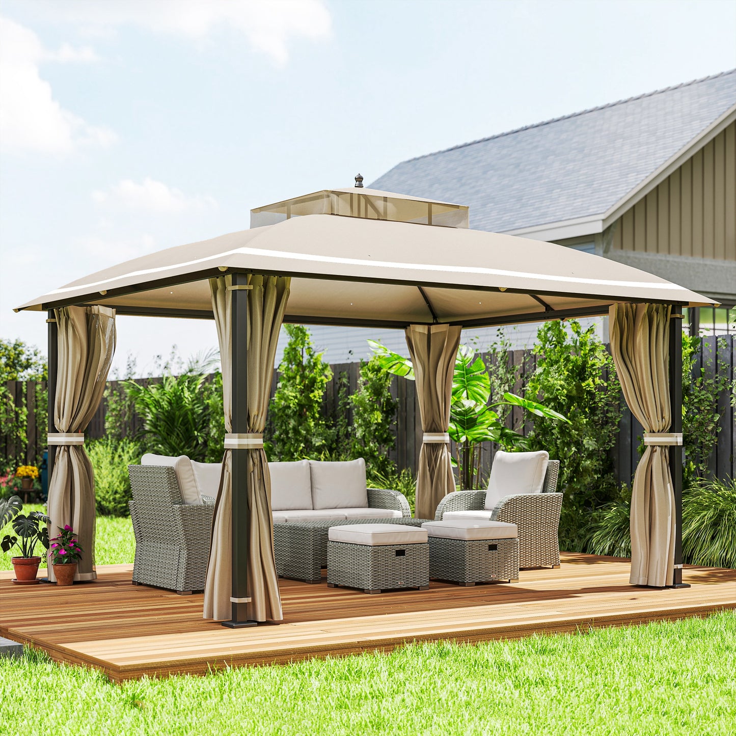 10' x 12' Outdoor Gazebo, Double Roof Patio Gazebo Canopy with Netting and Curtains for Garden, Lawn, Backyard, Deck