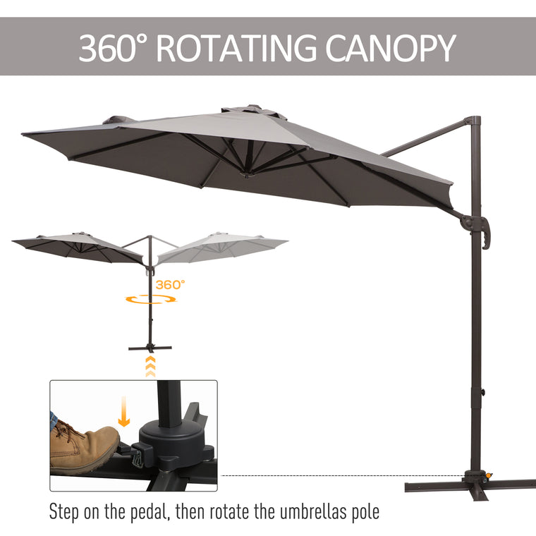 10ft Grey Cantilever Umbrella with 360° Rotation & Crank