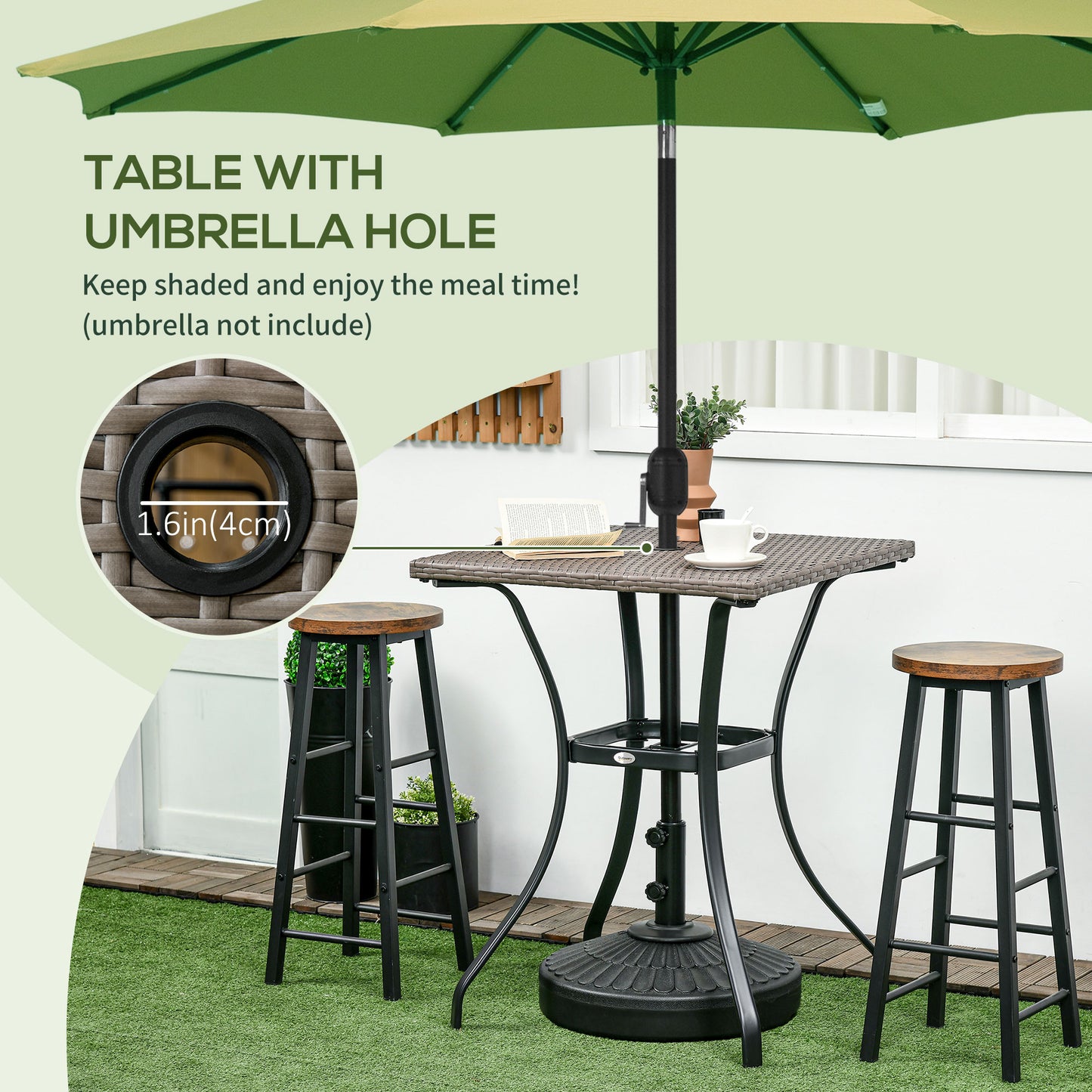 Patio Wicker Dining Table with Umbrella Hole, 34 Inch Outdoor PE Rattan Coffee Table with Plastic Board Under the Woven Table Top for Patio, Garden, Balcony, Mixed Brown